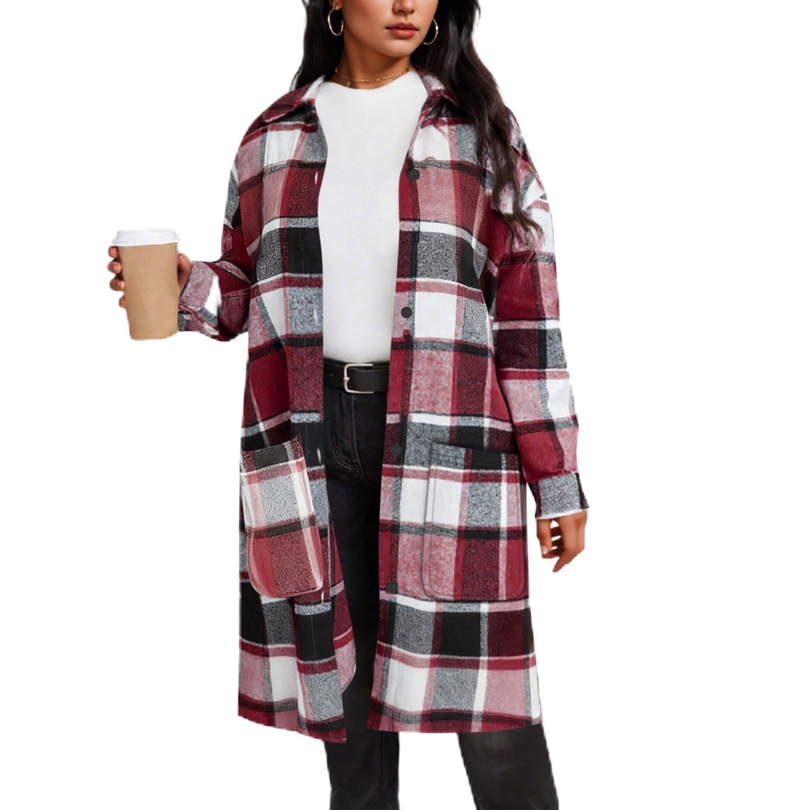 Women's Plaid Wool Coat Long Winter Lapel Peacoat Button Up Warm Overcoats Trendy Comfy Outerwear Casual Jackets